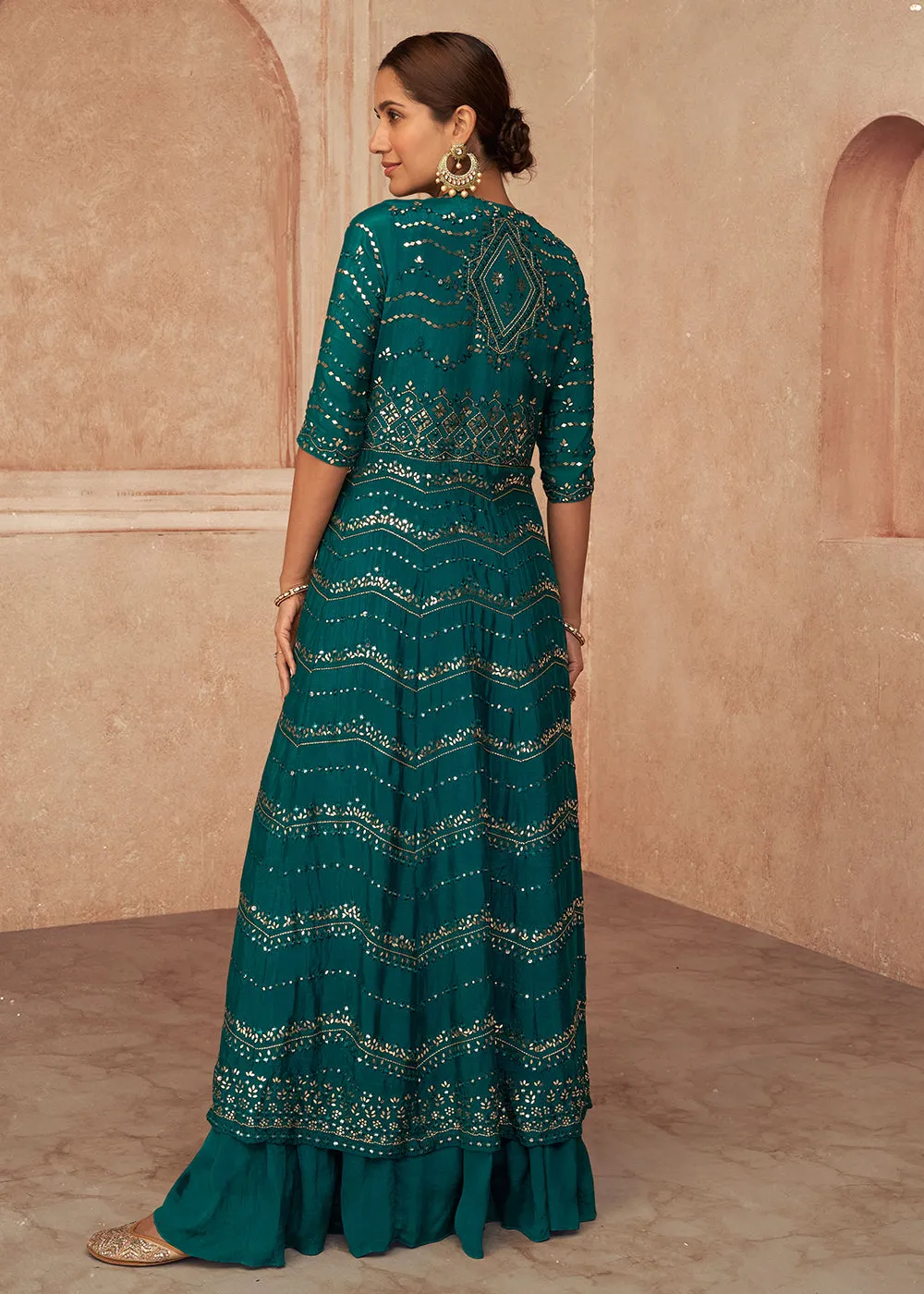 Teal Blue Chinon Silk Party Wear Lehenga Choli with Jacket