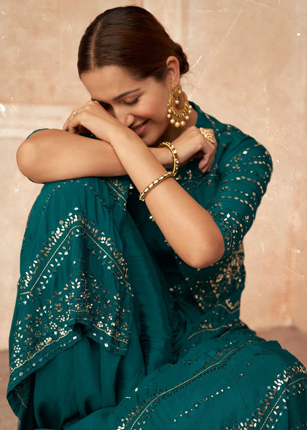 Teal Blue Chinon Silk Party Wear Lehenga Choli with Jacket
