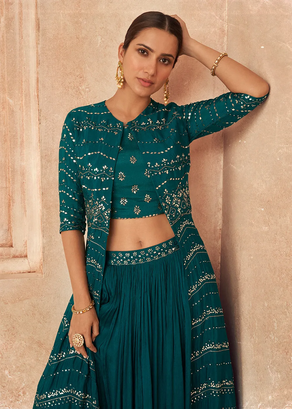 Teal Blue Chinon Silk Party Wear Lehenga Choli with Jacket