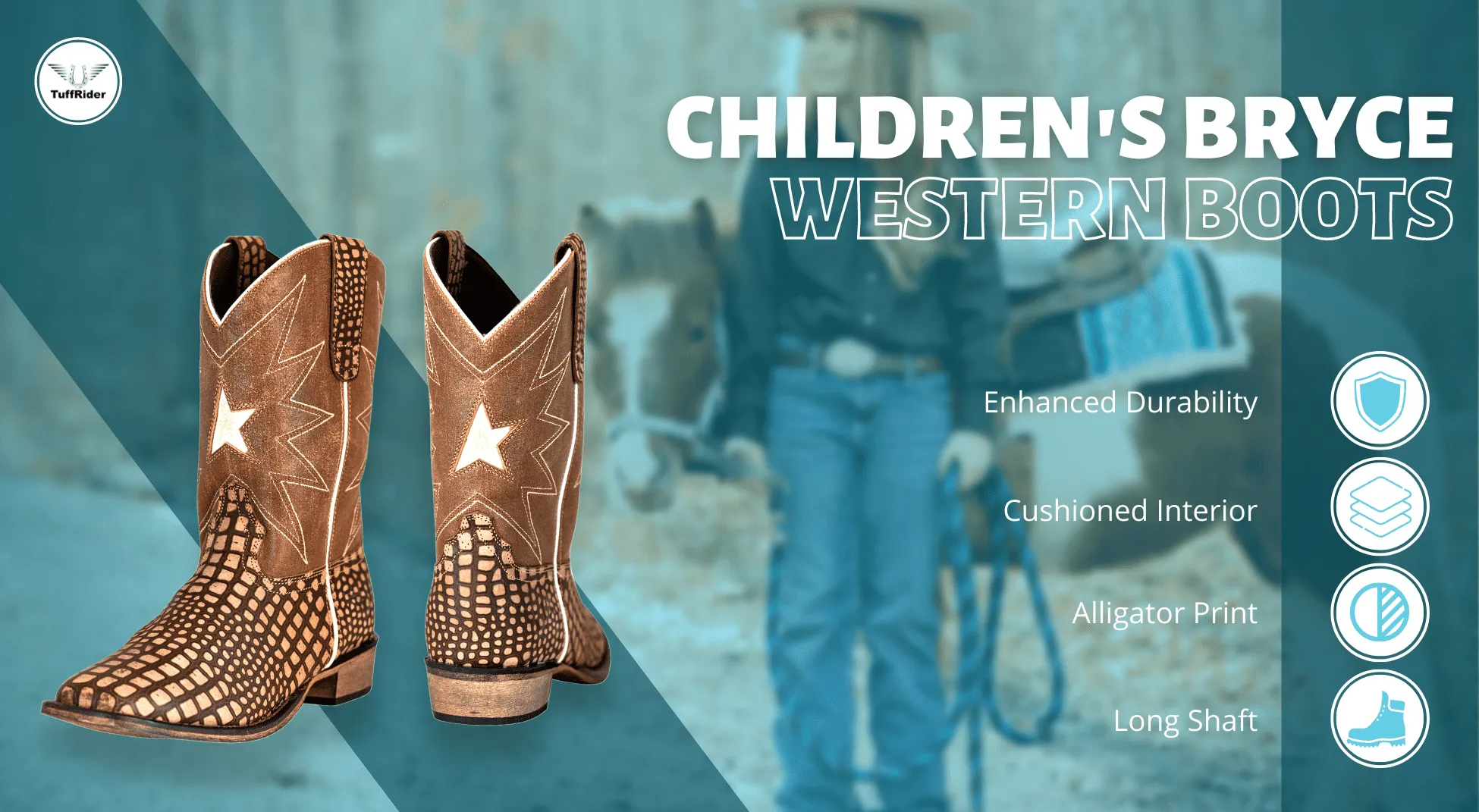 TuffRider Children Bryce Star Embroidered Alligator Printed Square Toe Western Boots
