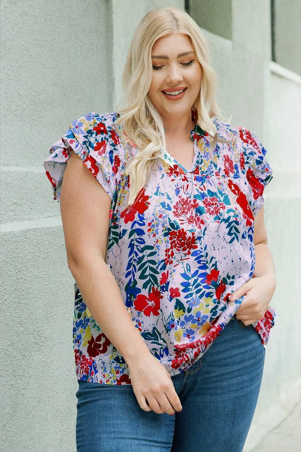 Youthful Glow V Neck Plus Size Floral Blouse