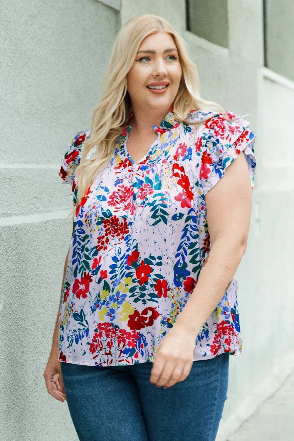 Youthful Glow V Neck Plus Size Floral Blouse